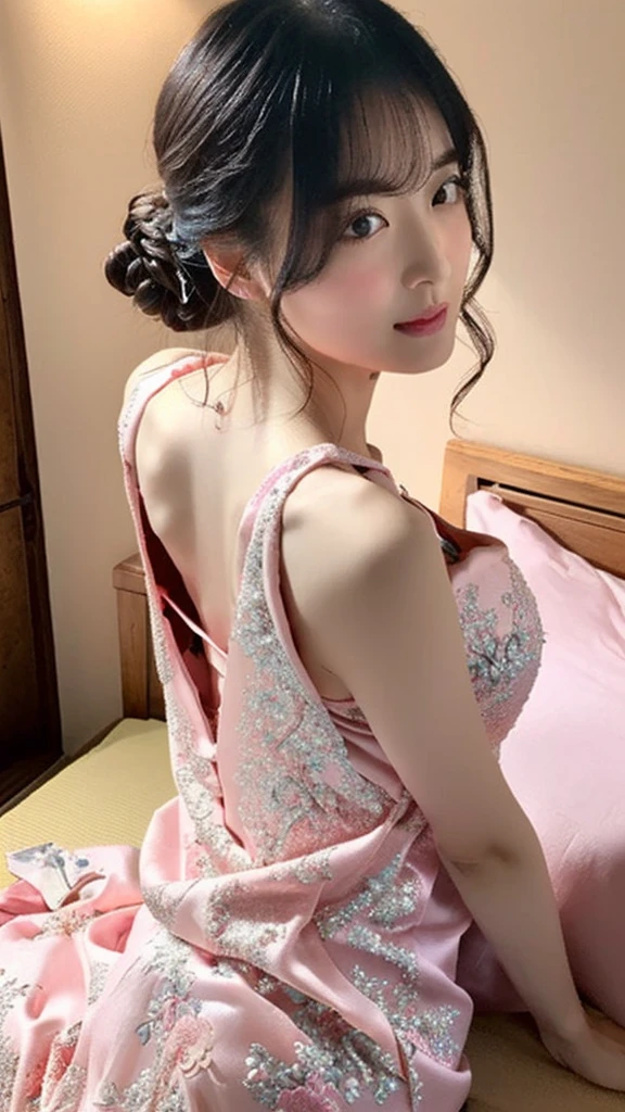 (masterpiece:1.2, Highest quality, Ultra-high resolution, Super detailed), (Realistic, photoRealistic:1.4), Beautiful illustrations, (Natural Side Lighting, Cinema Lighting), colorful,
View your viewers, (Rear view), 1 Girl, Perfect Face, (Perfect Anatomy), Cute and symmetrical face, Fine skin, (Medium chest), 8 heads,
((Tie your hair up)), (Flower Hair Ornaments), (short hair, Pink Hair), Hair between the eyes, Red eyes, Fuller eyes, (There's a big light in my eyes)), Eyes sparkling, Wet eyes, Long eyelashes,
Beautiful Hair, Beautiful Face, Beautiful attention to detail, Beautiful clavicle, Beautiful body, Beautiful breasts, Beautiful thighs, Beautiful feet, Beautiful fingers,
Detailed cloth texture, (((Sleeveless pink long Chinese dress))), (Glittering embroidery), Sweaty, Thighs Thighs Thighs Thighs,
(Beautiful views), night, ((Love hotel room, Modern, Japan), (Sit in front of the bed), Fascinating, I can see your crotch, (blush, Stir, Embarrassing, feel, ),