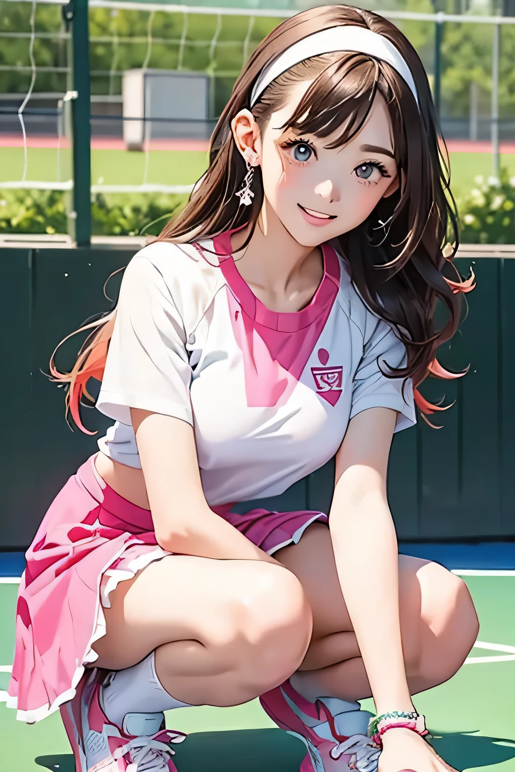 Highest quality、High resolution、Detailed Background、(Detailed eyes:1.2)、******* beauty、(Highly detailed face:1.4)、(Huge breasts:1.2)、Cute hair color、Cute hairstyle、Perfect body line、Tennis court、Girls enjoying tennis、smile、Uplifting、One-piece tennis wear with a skirt、The skirt is flared and cute、T-shirt and skort set、The T-shirts are printed with logos and graphic designs, making them sporty yet cute.、Colorful gradient and patterned designs、Pale pastel colors and vivid colors、Feminine details such as ribbons and frills、It has a ribbon on the waist and frills on the hem.、hair band、Wristband、socks、Sneakers and other shoes are also available in white and pink.、Choose pastel colors、Sporty yet cute、Cute gestures