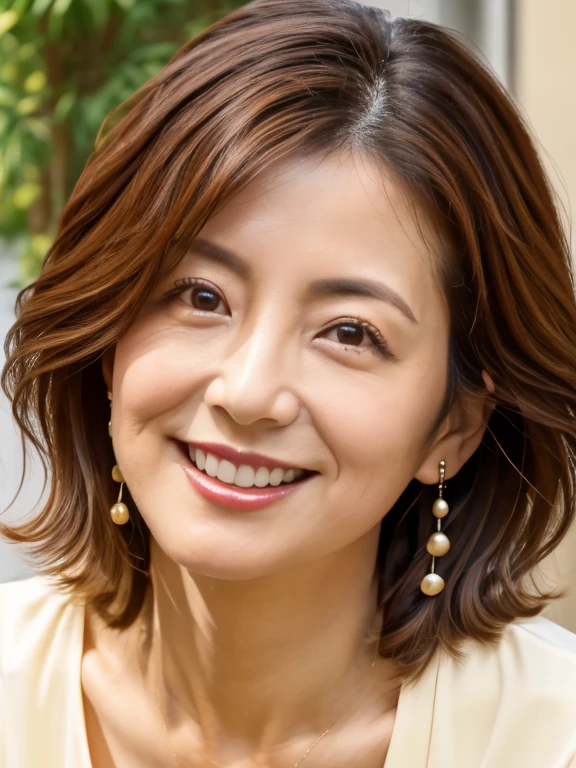 (Photo-realistic style, 超High resolution, 16K, High resolution, masterpiece), Very detailed, Perfect Anatomy, (Extreme close up of face:1.4), Perfect female face, Solo Japanese Mature, Neighbor's wife、Detailed face, Red lipstick, Captivating look, Wearing a white T-shirt, Straight hair, Age: 50, mature, sexy, smile, Medium Hair、(The face is facing you:1.2)、(Looking at the audience),