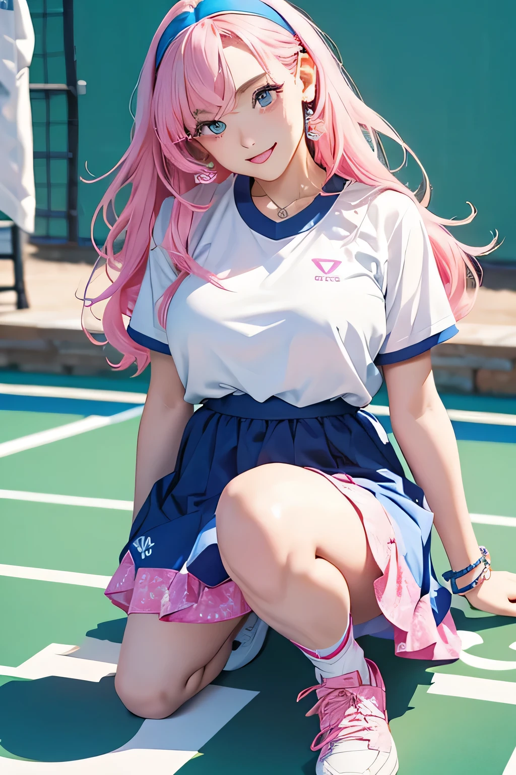 Highest quality、High resolution、Detailed Background、(Detailed eyes:1.2)、Teenage beauty、(Highly detailed face:1.4)、(Huge breasts:1.2)、Cute hair color、Cute hairstyle、Perfect body line、Tennis court、Girls enjoying tennis、smile、Uplifting、One-piece tennis wear with a skirt、The skirt is flared and cute、T-shirt and skort set、The T-shirts are printed with logos and graphic designs, making them sporty yet cute.、Colorful gradient and patterned designs、Pale pastel colors and vivid colors、Feminine details such as ribbons and frills、It has a ribbon on the waist and frills on the hem.、hair band、Wristband、socks、Sneakers and other shoes are also available in white and pink.、Choose pastel colors、Sporty yet cute、Cute gestures