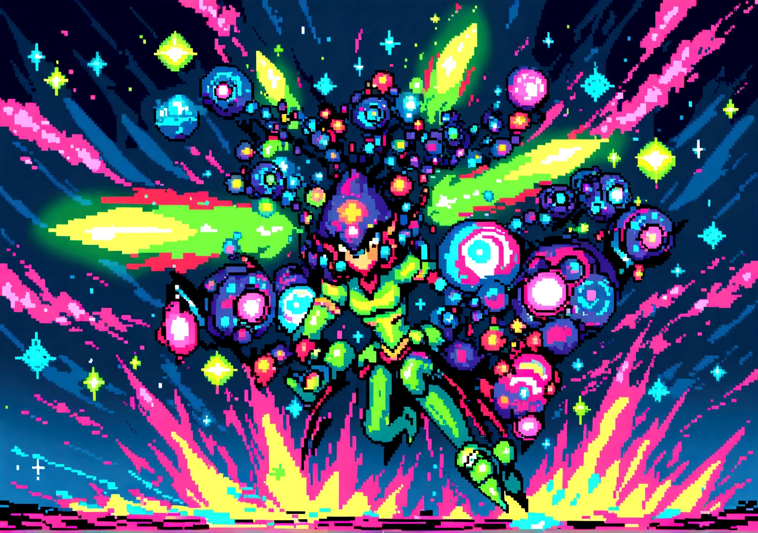 Elements: Pixel art space invaders that move and attack to the music. A pixel art cannon fires beams of light to destroy invaders.
• Colors: Fluorescent shades of green, pink and yellow.
• Animation: Space invaders move and attack to the music, the cannon shoots beams of light, and explosion effects create a psychedelic effect.