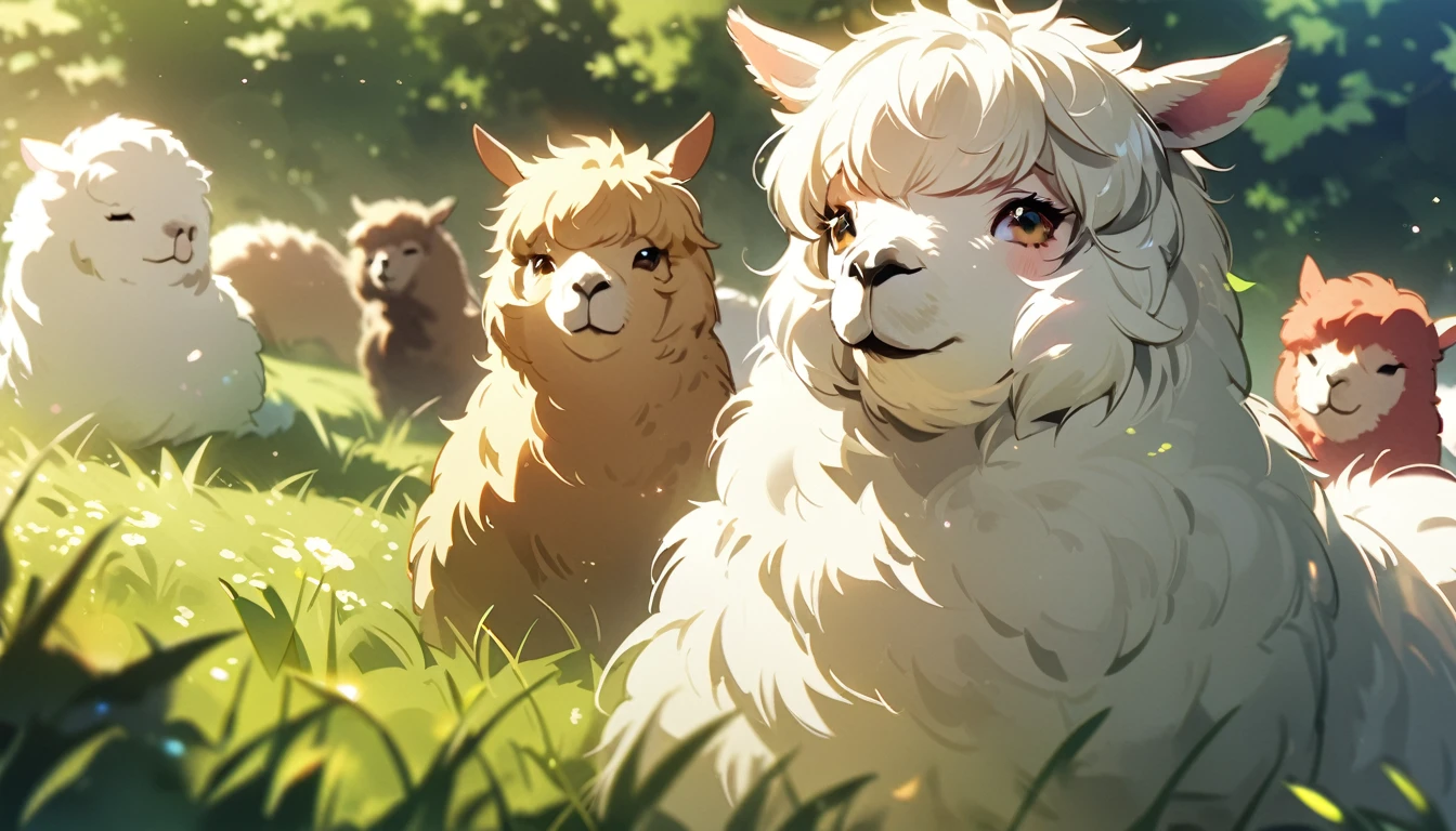 Alpaca, relaxing, green meadow, gentle sunlight, calm atmosphere, fluffy fur, bright colors, natural light, 50,Masterpiece, highest quality, no humans
