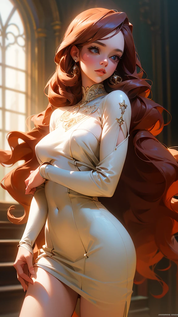 1girl, body doll, hyper realistic, exquisite detailed face, realistic detailed eyes, realistic detailed lips, extremely realistic long red curly hair, beige short dress, elegant pose, stage background, high quality, photorealistic, masterpiece, 8k, ultra detailed