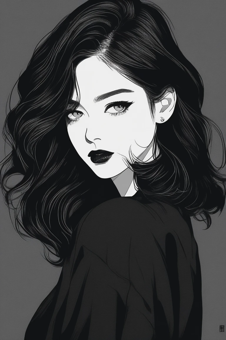 (best qualityer, outline:1.2), realistic epic,illustrator,アニメ,1 girl, Detailed lips,personalized, (monochrome dark background),textured cut, hdr, detaileds, Obra de artistry, classic retro style, dark black, artistry, (make cascading hair (blackw:1.75) [neon:1.32]), (dark monochrome background), together 