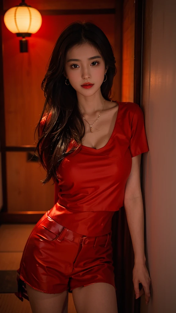 one girl,Beutiful women, In a corner of Kyoto,At night,Wear a red kimono,Large Breasts