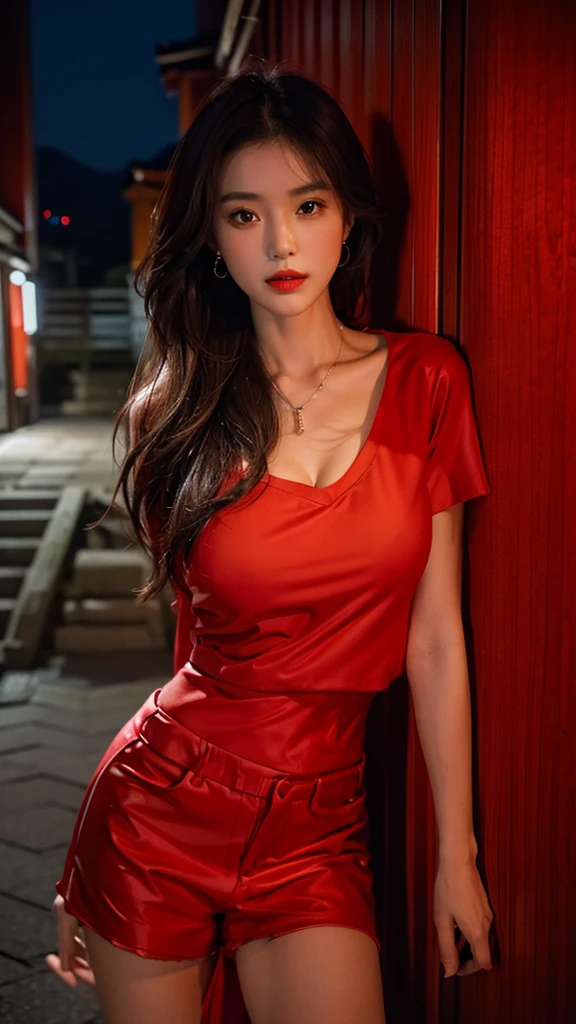 one girl,Beutiful women, In a corner of Kyoto,At night,Wear a red kimono,Large Breasts