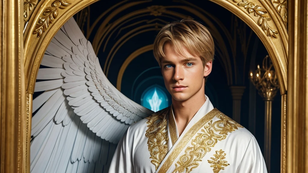 This blond, blue-eyed angel man is a mesmerizing painting, his white and gold robes capturing every intricate detail with stunning clarity and depth. The ethereal aura of this angel is palpable, and his presence emanates a mystical energy that seems to leap from the screen, a wonderful and divine figure, wrapped in beautiful robes with open wings, his face is magnificent, he is surrounded by fragments of energetic, serene magic. yet enigmatic, this image tells a story of charm and mystery, inviting the viewer to contemplate divine secrets.