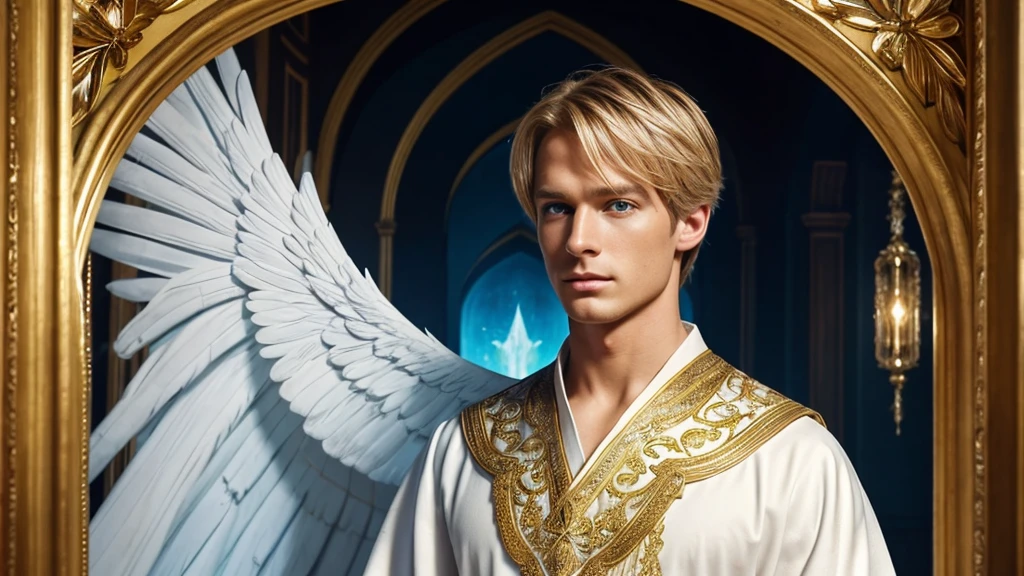 This blond, blue-eyed angel man is a mesmerizing painting, his white and gold robes capturing every intricate detail with stunning clarity and depth. The ethereal aura of this angel is palpable, and his presence emanates a mystical energy that seems to leap from the screen, a wonderful and divine figure, wrapped in beautiful robes with open wings, his face is magnificent, he is surrounded by fragments of energetic, serene magic. yet enigmatic, this image tells a story of charm and mystery, inviting the viewer to contemplate divine secrets.