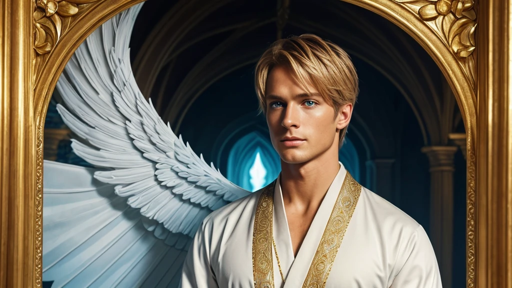 This blond, blue-eyed angel man is a mesmerizing painting, his white and gold robes capturing every intricate detail with stunning clarity and depth. The ethereal aura of this angel is palpable, and his presence emanates a mystical energy that seems to leap from the screen, a wonderful and divine figure, wrapped in beautiful robes with open wings, his face is magnificent, he is surrounded by fragments of energetic, serene magic. yet enigmatic, this image tells a story of charm and mystery, inviting the viewer to contemplate divine secrets.