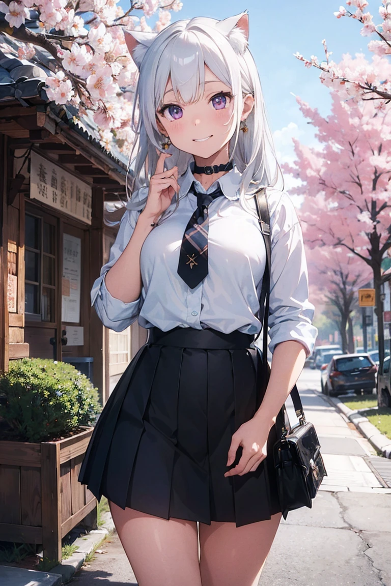 (((masterpiece))), (((Highest quality))), ((Very detailed)), ((Very detailedなイラスト)), ((Ultra-fine painting)), (16K Highest quality wallpaper:1.4), (Detailed and elaborate illustration style,:1.8) Detailed skin texture, High quality fabric, , (T-masterpiece), (Very detailedな顔:1.4), original, RAW Photos, Professional, Intricate details, Very detailed, Direct sunlight:1.6, ,(Cowboy Shot:1.9)、(Perfect Anatomy:1.4), (Extremely elaborate hands:1.2), (Very elaborate fingers:1.2), (Very elaborate fingers先:1.2),, (alone:1.6), (beautiful and adorable cat ears:1.6), (Intricate and delicate cat ears:1.4), (beautiful, Shiny white hair:1.6), (Very fine and delicate white hair:1.4),, (Very detailedな顔:1.4),(Light purple eyes:1.4),(smile:1.4),, whole body,
One girl, bangs, black choker, black tie, Blonde, blue skirt, blush, bracelet, chest, choker, clothes The surrounding area waist, clavicle, collared shirt, Cowboy Shot, dress shirt, ear Earrings, Eyebrows visible through hair, Gradient Hair, Grin, Improve, jewelry, Kogal, Long Hair, View your viewers, loose tie, tie, Earrings, Plaid, Plaid skirt, pleated skirt, Red eyes, ring, , shirt, skirt, smile, alone, white shirt,
street, null, cherry blossoms, petal,figure, (magazine:1.3), (cover-style:1.3), fashionable, woman, Vibrant, Costume, Pause, front, colorful, dynamic, background, element, have confidence, Performance, Holding, statement, accessories, Majestic, Coiled, The surrounding area, touch, scene, article, cover, bold, to attract attention, title, stylish, font, Catchy, Heading, big, impressive, Modern, trend, concentrated, fashion,