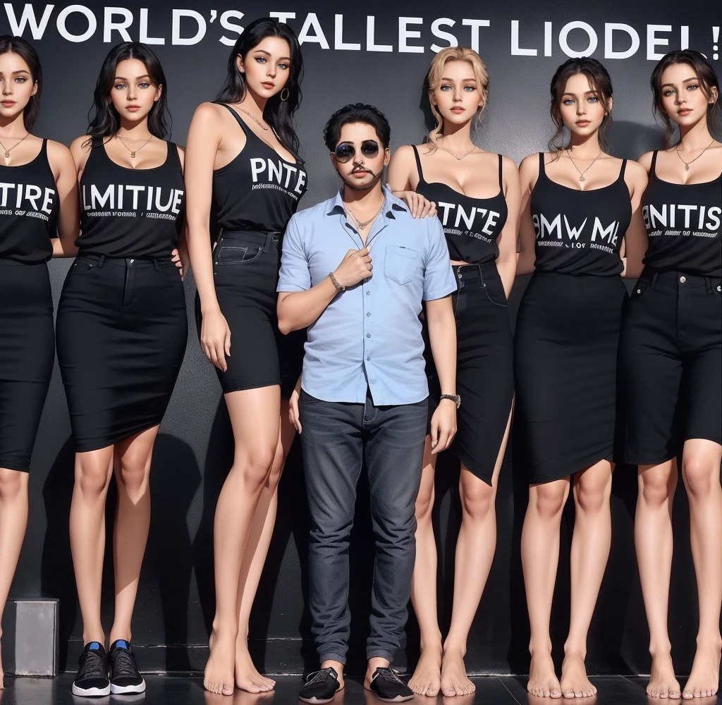 Three tall girls on the lfe left, three tall girls in the right, short man in the middle, the girls are much taller than the man, girls have big and cleavage, girls are wearing black, man is wearing blue shirt, girls are standing barefoot, man is wearing shoes,