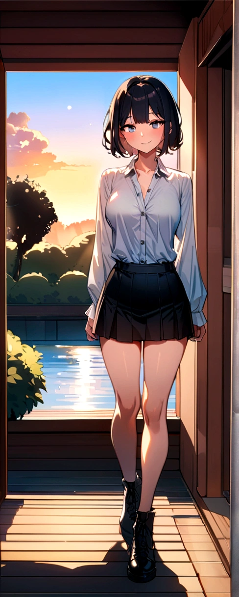 (masterpiece), Highest quality, High resolution, Very detailed, Detailed Background, Perfect light, 1 girl solo, Bans, Korean Girls, 20th Generation, High resolution, alone, Garden, sunset,Black Hair, short hair, water,Smile eyes,Lip Smile,{Beautiful and detailed eyes},Calm expression,Slim body,medium natural breast, charm,full_body, Karina, , Short skirt, Are standing,
Unbuttoned shirt,Real Hands,Detailed page,Karinaロラシュ