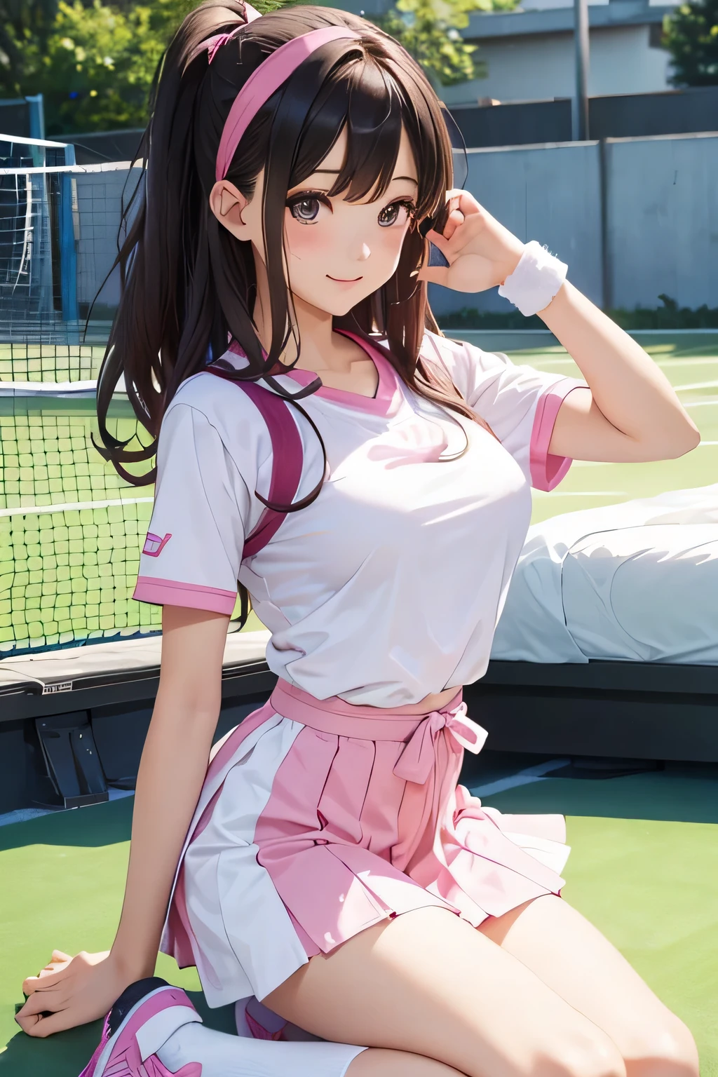 Highest quality、High resolution、Detailed Background、(Detailed eyes:1.2)、age beauty、(Highly detailed face:1.4)、(Huge breasts:1.2)、Cute hair color、Cute hairstyle、Perfect body line、Tennis court、Girls enjoying tennis、smile、Uplifting、One-piece tennis wear with a skirt、The skirt is flared and cute、T-shirt and skort set、The T-shirts are printed with logos and graphic designs, making them sporty yet cute.、Colorful gradient and patterned designs、Pale pastel colors and vivid colors、Feminine details such as ribbons and frills、It has a ribbon on the waist and frills on the hem.、hair band、Wristband、socks、Sneakers and other shoes are also available in white and pink.、Choose pastel colors、Sporty yet cute、Cute gestures