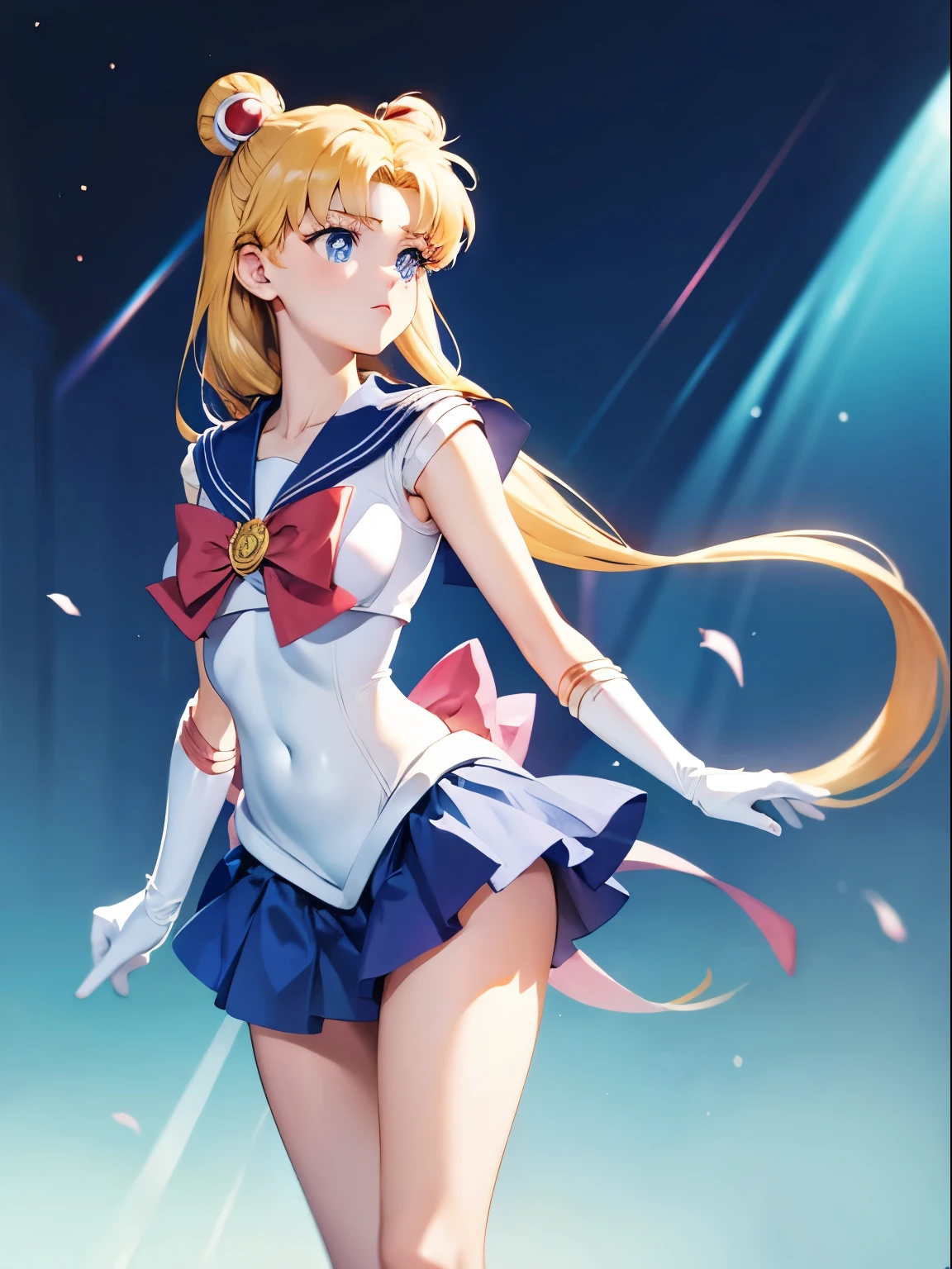 Sailor Moon, 1 girl, blonde hair, long hair, blue eyes, detailed eyes, simple background, female focus, alone, standing, Usagi Tsukino, portrait, full body, (Masterpiece:1.0), (best quality:1.0), (8k wallpaper:1.0), (detailed beautiful face:1.0), (detailed deep eyes), deep eyes, looking at viewer, sailor explorer, red bow on chest, blue skirt, white gloves, big breasts, bare abdomen , pink panties, upskirt panties,