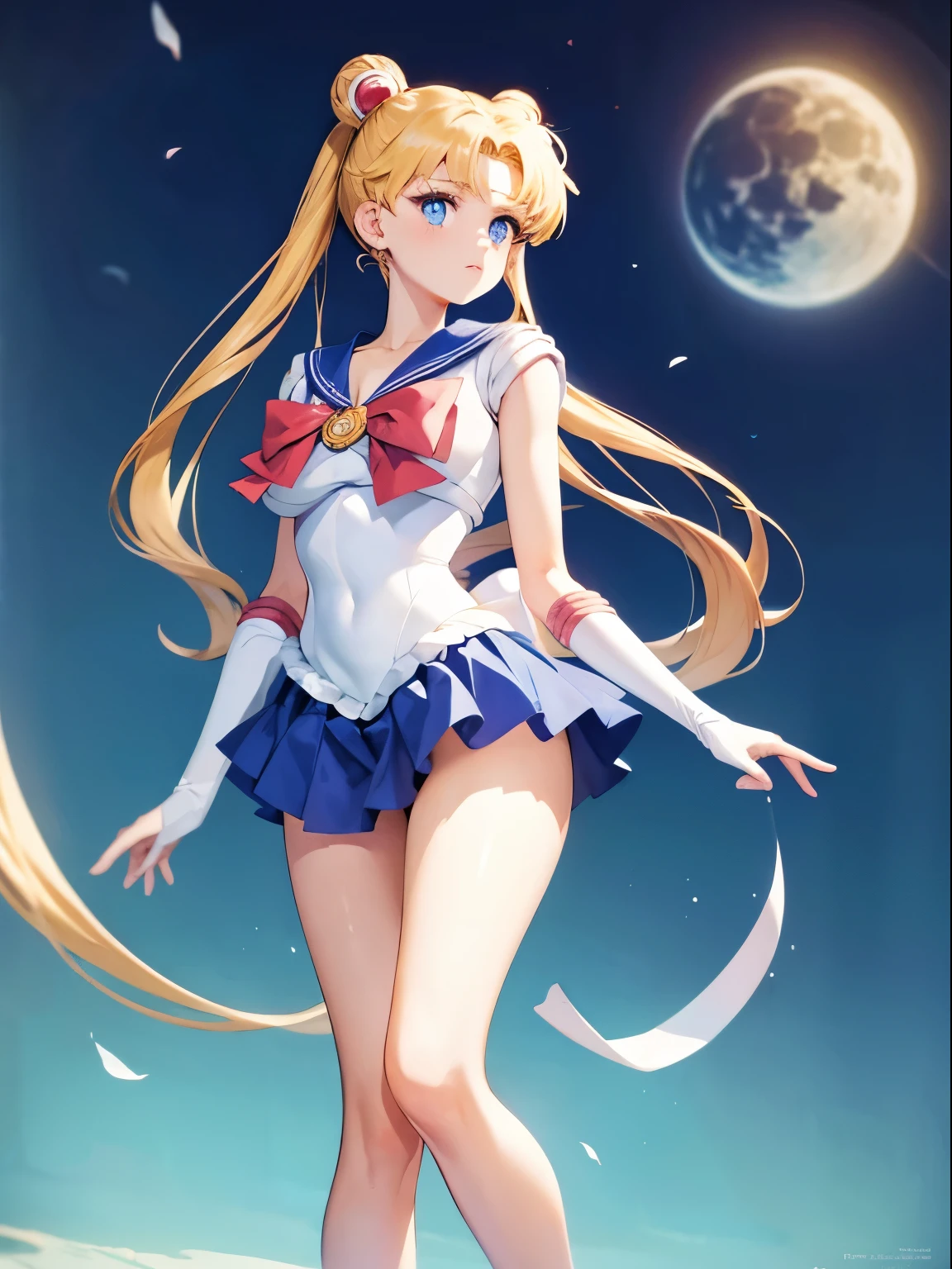 Sailor Moon, 1 girl, blonde hair, long hair, blue eyes, detailed eyes, simple background, female focus, alone, standing, Usagi Tsukino, portrait, full body, (Masterpiece:1.0), (best quality:1.0), (8k wallpaper:1.0), (detailed beautiful face:1.0), (detailed deep eyes), deep eyes, looking at viewer, sailor explorer, red bow on chest, blue skirt, white gloves, big breasts, bare abdomen , pink panties, upskirt panties,