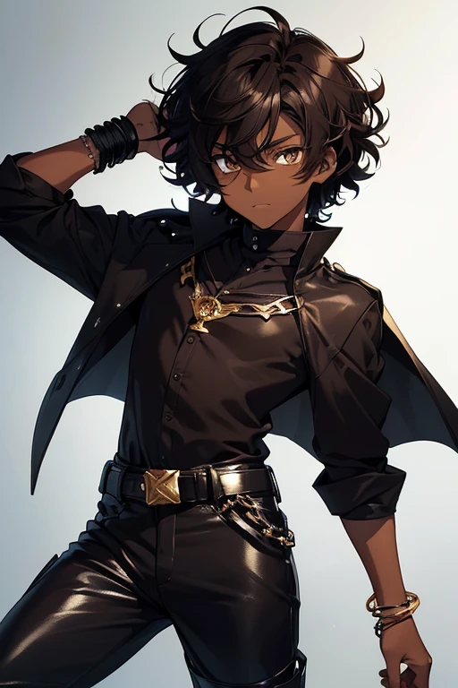 (1boy),(anime),(height 1.80cm),(16 year old teenager),(short curly black hair),(Dark brown skin color:1.5),(brown eyes),(wearing),+,(Stylish black pants with sinsas tones and a shiny black cape and wearing two bracelets on the left and right arm and wearing a black blouse with sinsas tones and black boots with gold details)