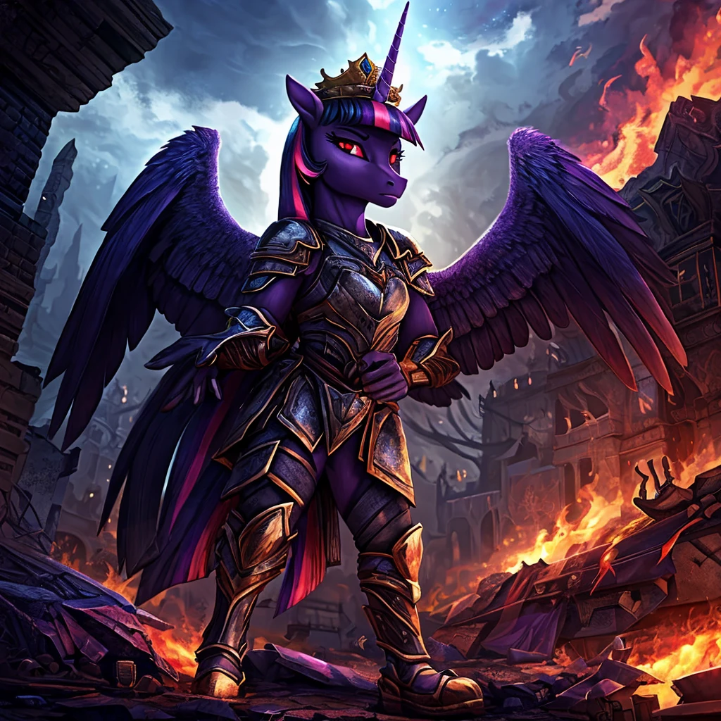 A war-torn apocalyptic city in flames, an evil leader anthro alicorn pony queen Twilight Sparkle with a scar across face standing on a dead anthro pony in a military outfit, 1girl, corpse, detailed feathered wings and unicorn horn, detailed hands and feet, wearing steel armor, wielding a sword, surrounded by dark magic, wearing a crown, beautiful detailed eyes, beautiful detailed lips, red eyes with purple smoke, extremely detailed eyes and face, long eyelashes, realistic portrait, fantasy portrait, dark fantasy, concept art, digital painting, hyper-detailed, cinematic lighting, volumetric lighting, dramatic colors, deep shadows, moody atmosphere, intricate texture, highly detailed armor, ornate crown, glowing dark magic effects, dynamic pose, photorealistic, 8k, HDR, physically-based rendering, vibrant colors, cinematic framing