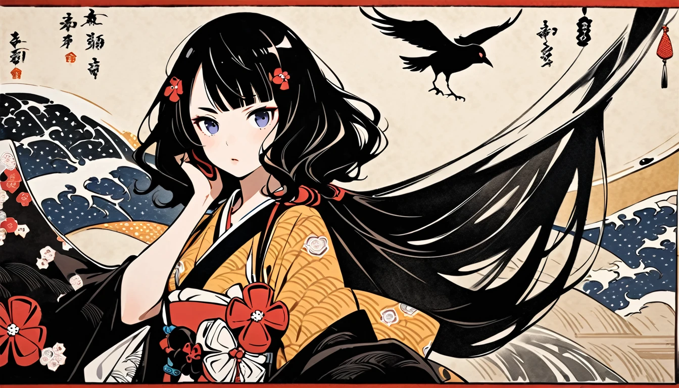 (((Highest quality))), (((Katsushika Hokusai))), (((Ink Painting))), ((very straight longhair)), ((1 girl)), ((Put a crow on your shoulder)), ((beautiful girl)), Japanese style headphones, Black Hair, Delicate and precise, Modern ukiyo-e style