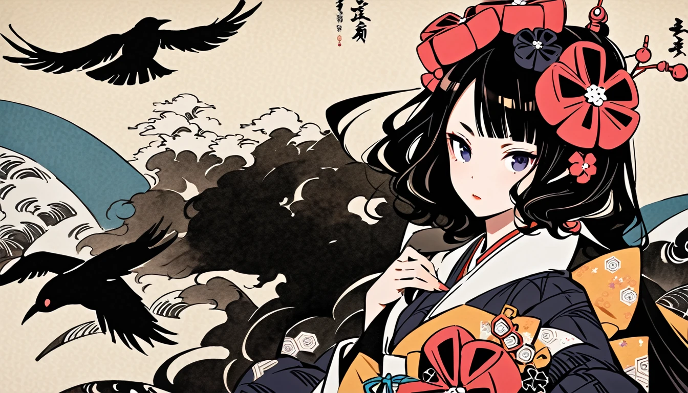 (((Highest quality))), (((Katsushika Hokusai))), (((Ink Painting))), ((very straight longhair)), ((1 girl)), ((Put a crow on your shoulder)), ((beautiful girl)), Japanese style headphones, Black Hair, Delicate and precise, Modern ukiyo-e style
