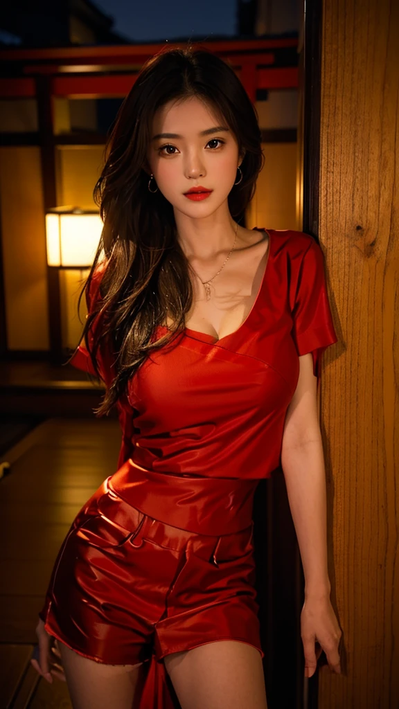 one girl,Beutiful women, In a corner of Kyoto,At night,Wear a red kimono,Large Breasts