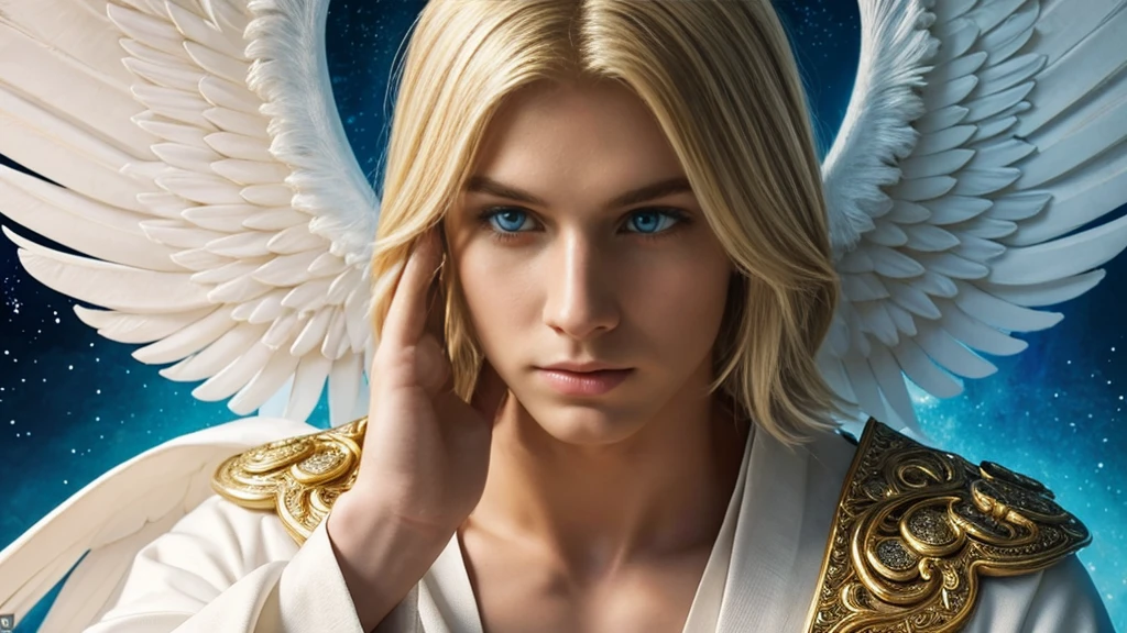 This blond, blue-eyed angel man is a mesmerizing painting, his white and gold robes capturing every intricate detail with stunning clarity and depth. The ethereal aura of this angel is palpable, and his presence emanates a mystical energy that seems to leap from the screen, a wonderful and divine figure, wrapped in beautiful robes with open wings, his face is magnificent, he is surrounded by fragments of energetic, serene magic. yet enigmatic, this image tells a story of charm and mystery, inviting the viewer to contemplate divine secrets.