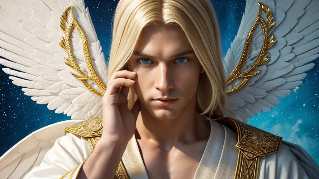 This blond, blue-eyed angel man is a mesmerizing painting, his white and gold robes capturing every intricate detail with stunning clarity and depth. The ethereal aura of this angel is palpable, and his presence emanates a mystical energy that seems to leap from the screen, a wonderful and divine figure, wrapped in beautiful robes with open wings, his face is magnificent, he is surrounded by fragments of energetic, serene magic. yet enigmatic, this image tells a story of charm and mystery, inviting the viewer to contemplate divine secrets.