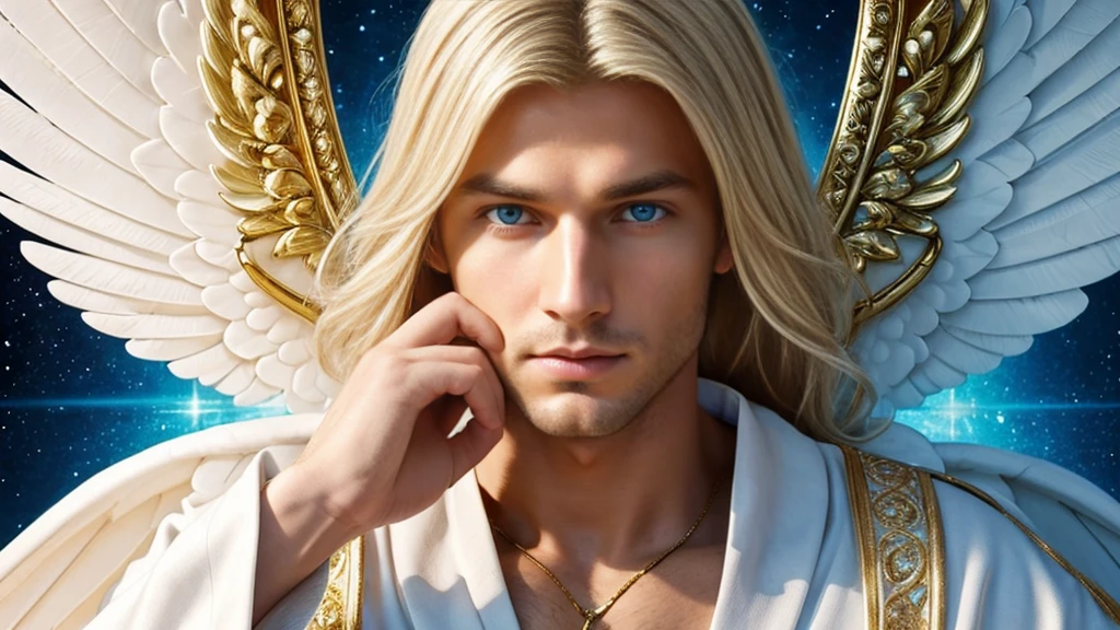 This blond, blue-eyed angel man is a mesmerizing painting, his white and gold robes capturing every intricate detail with stunning clarity and depth. The ethereal aura of this angel is palpable, and his presence emanates a mystical energy that seems to leap from the screen, a wonderful and divine figure, wrapped in beautiful robes with open wings, his face is magnificent, he is surrounded by fragments of energetic, serene magic. yet enigmatic, this image tells a story of charm and mystery, inviting the viewer to contemplate divine secrets.
