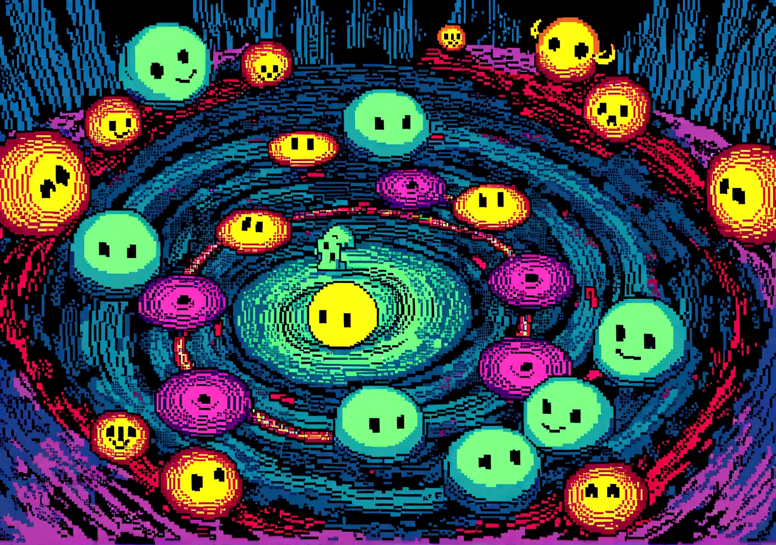 Elements: Pixel art Pac-Man that moves through the maze to music. Pixel art ghosts chase Pac-Man, creating a psychedelic effect.

• Colors: Fluorescent shades of green, pink and yellow.

• Animation: Pac-Man moves through the maze to the music, ghosts chase him and explosion effects create a psychedelic effect.