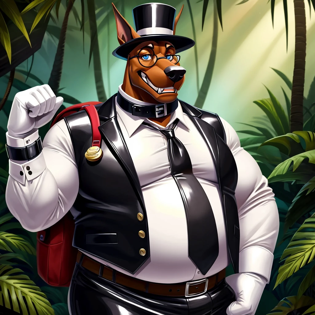 Solo, Male, fat, extremely obese, gentleman, dapper Professor Doberman, blue eyes, (posing:1.3), (soft shading), 4k, hi res, ((detailed face, detailed)), looking at viewer, evil grin, jungle, forest, collared shirt with buttons, top hat, male focus, Explorer Outfit, glasses, monocle, bag, vest with buttons, backpack, sleeves rolled up, round eyewear, brown headwear, brown vest, Doberman is wearing a glossy leather dog collar around the neck, Doberman is wearing the leather collar and shirt and vest at the same time, Doberman is wearing glossy white rubber gloves on the hands, wearing white rubber gloves on the feet, Doberman is wearing glossy white cuffs around the wrists with cufflinks, gloves are rubber in texture, clenching teeth, clenching fists, leather collar is glossy and shiny with a lot of detail, Doberman is wearing gloves and cuffs and cufflinks at the same time, leather collar has a round dog-tag, leather collar is thick and detailed.