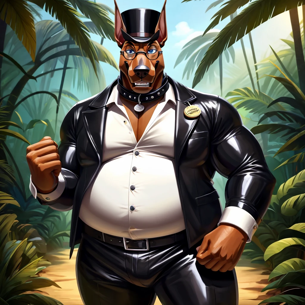 Solo, Male, fat, squatting, extremely obese, gentleman, dapper Professor Doberman, having his penis milked by a penis pump, blue eyes, (soft shading), 4k, hi res, ((detailed face, detailed)), looking at viewer, evil grin, jungle, forest, collared shirt with buttons, top hat, male focus, Safari Outfit, glasses, monocle, bag, vest with buttons, backpack, sleeves rolled up, round eyewear, brown headwear, brown vest, Doberman is wearing a glossy leather dog collar around the neck, Doberman is wearing the leather collar and shirt and vest at the same time, Doberman is wearing glossy white rubber gloves on the hands, wearing white rubber gloves on the feet, Doberman is wearing glossy white cuffs around the wrists with cufflinks, gloves are rubber in texture, clenching teeth, clenching fists, leather collar is glossy and shiny with a lot of detail, Doberman is wearing gloves and cuffs and cufflinks at the same time, leather collar has a diamond dog-tag, leather collar is thick and detailed, pump is shiny, pump goes around the shaft of the penis, penis is inserted in the pump, ejaculating into the pump, penis pump is on the penis, penis pump is cylindrical, penis pump is pumping sperm from the penis, penis pump has a white hose connected to a tank which stores sperm.