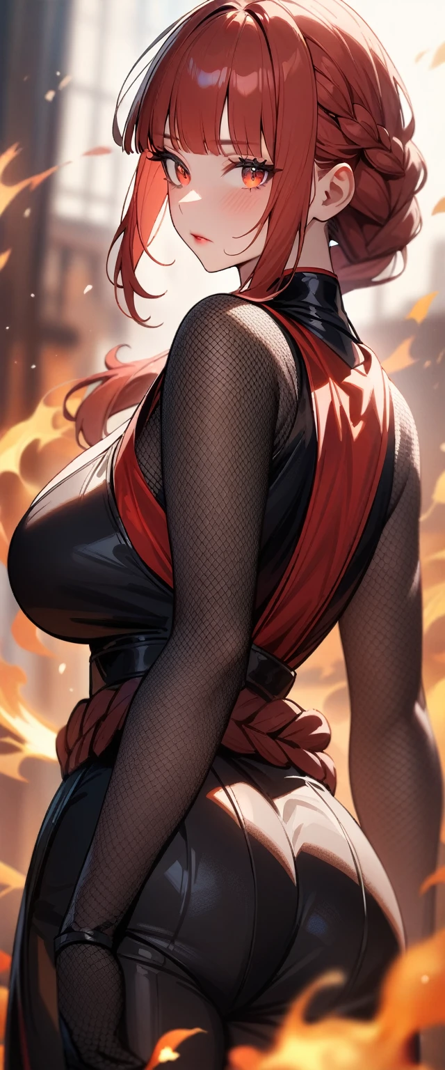 1girl,solo,super detailed skin,shiny skin,expressionless face,lips gloss,eyelashes,glowing red eyes,red hair,blunt bangs,sidelocks,a braid,large breasts,body suit,Shinobi clothes,fishnet,standing ,simple background ,from behind ,fire magically ,masterpiece,best quality,ultra detailed,high resolution,sharp focus,depth of field,