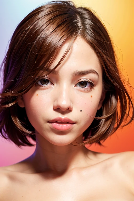 ((masterpiece)), ((Highest quality)), (Portrait of a beautiful girl), Eye for perfect detail, Face in perfect detail, Very elaborate nose, Open your mouth, Radom Color Shorts, Perfect Teeth, Bare shoulders, Charm, Perfect Face, Dimples on cheeks, Depth of written boundary, High resolution, ((Real skin texture)), (Well-proportioned hands), Thin lips, Random color hair, Floating multicolored hair, Narrow waist, Orange pastel background,Full nudity,Throw kiss