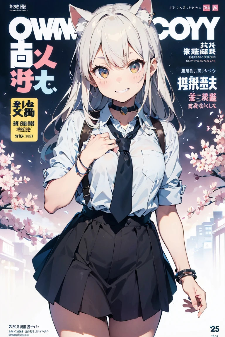 (((masterpiece))), (((Highest quality))), ((Very detailed)), ((Very detailedなイラスト)), ((Ultra-fine painting)), (16K Highest quality wallpaper:1.4), (Detailed and elaborate illustration style,:1.8) Detailed skin texture, High quality fabric, , (T-masterpiece), (Very detailedな顔:1.4), original, RAW Photos, Professional, Intricate details, Very detailed, Direct sunlight:1.6, ,(Cowboy Shot:1.9)、(Perfect Anatomy:1.4), (Extremely elaborate hands:1.2), (Very elaborate fingers:1.2), (Very elaborate fingers先:1.2),, (alone:1.6), (beautiful and adorable cat ears:1.6), (Intricate and delicate cat ears:1.4), (beautiful, Shiny white hair:1.6), (Very fine and delicate white hair:1.4),, (Very detailedな顔:1.4),(Light purple eyes:1.4),(smile:1.4),, whole body,
One girl, bangs, black choker, black tie, Blonde, blue skirt, blush, bracelet, chest, choker, clothes The surrounding area waist, clavicle, collared shirt, Cowboy Shot, dress shirt, ear Earrings, Eyebrows visible through hair, Gradient Hair, Grin, Improve, jewelry, Kogal, Long Hair, View your viewers, loose tie, tie, Earrings, Plaid, Plaid skirt, pleated skirt, Red eyes, ring, , shirt, skirt, smile, alone, white shirt,
street, null, cherry blossoms, petal,figure, (magazine:1.3), (cover-style:1.3), fashionable, woman, Vibrant, Costume, Pause, front, colorful, dynamic, background, element, have confidence, Performance, Holding, statement, accessories, Majestic, Coiled, The surrounding area, touch, scene, article, cover, bold, to attract attention, title, stylish, font, Catchy, Heading, big, impressive, Modern, trend, concentrated, fashion,