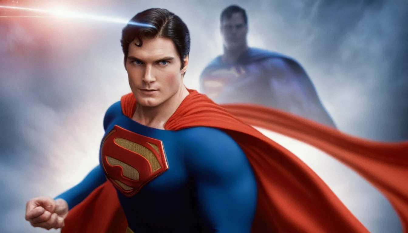 cinematic film still of Christopher Reeve, Kal-El, Kryptonian, Man of Steel, Superman a 1970's man in a red cape unleashing massive blasts of red "heat vision" through the eyes, in focused beams of heat ,solo,black hair,1boy,upper body,male focus,cape,facial hair,realistic,red cape,wall,superhero,blue bodysuit,laser, shallow depth of field, vignette, highly detailed, high budget, bokeh, cinemascope, moody, epic, gorgeous, film grain, grainy, Alex Ross-style superman portrait, Draw in cartoon style a flying Superman with a proud and smiling expression on his face. In the background, Gotham City should be visible. Ensure the drawing is in a 16:9 aspect ratio.