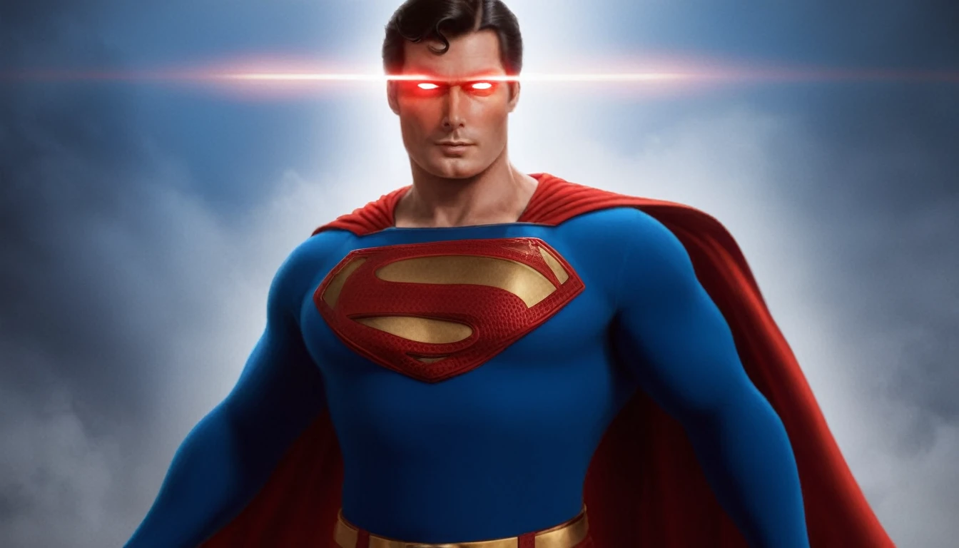 cinematic film still of  Christopher Reeve, Kal-El, Kryptonian, Man of Steel, Superman a 1970's man in a red cape unleashing massive blasts of red "heat vision" through the eyes, in focused beams of heat ,solo,black hair,1boy,upper body,male focus,cape,facial hair,realistic,red cape,wall,superhero,blue bodysuit,laser, shallow depth of field, vignette, highly detailed, high budget, bokeh, cinemascope, moody, epic, gorgeous, film grain, grainy, Alex Ross-style superman portrait, Draw in cartoon style a flying Superman with a proud and smiling expression on his face. In the background, Gotham City should be visible. Ensure the drawing is in a 16:9 aspect ratio.