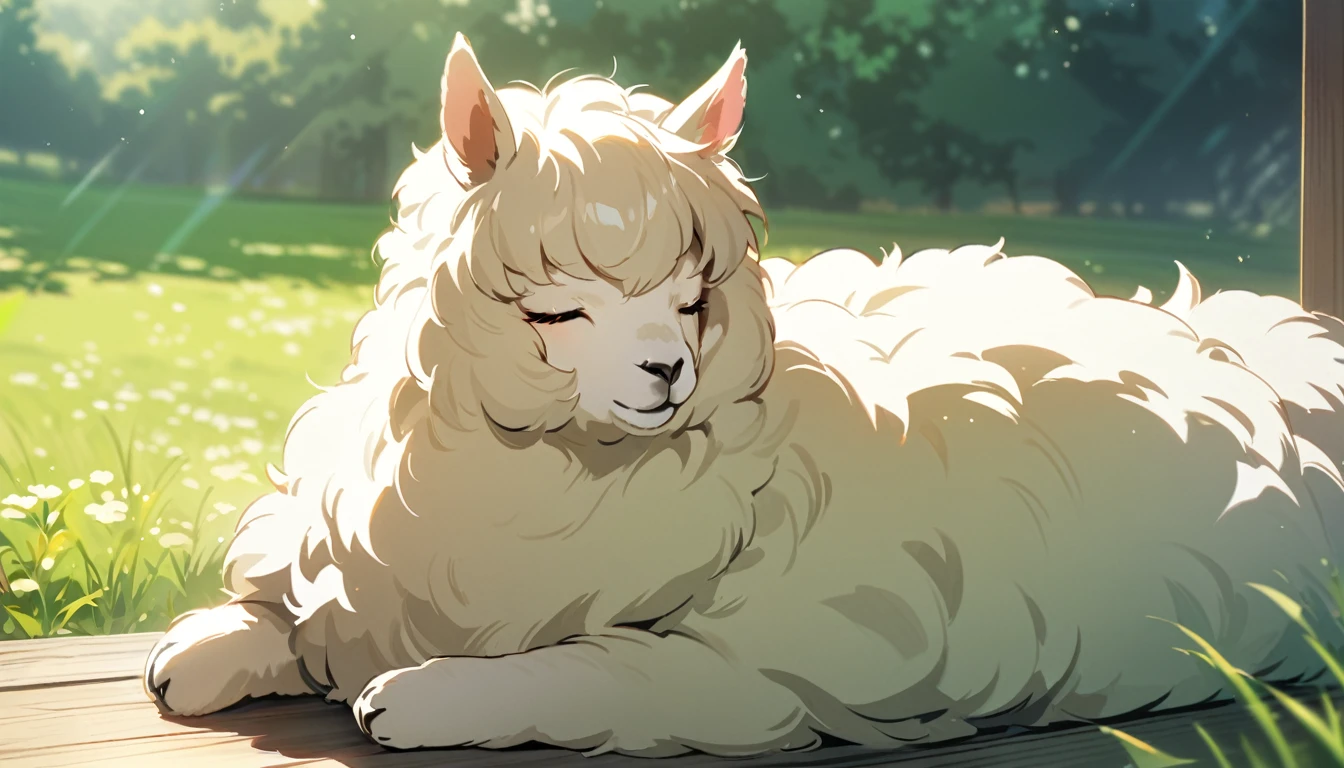 Alpaca, relaxing, green meadow, gentle sunlight, calm atmosphere, fluffy fur, bright colors, natural light, 50，Masterpiece, highest quality, no humans，solo，eyes closed