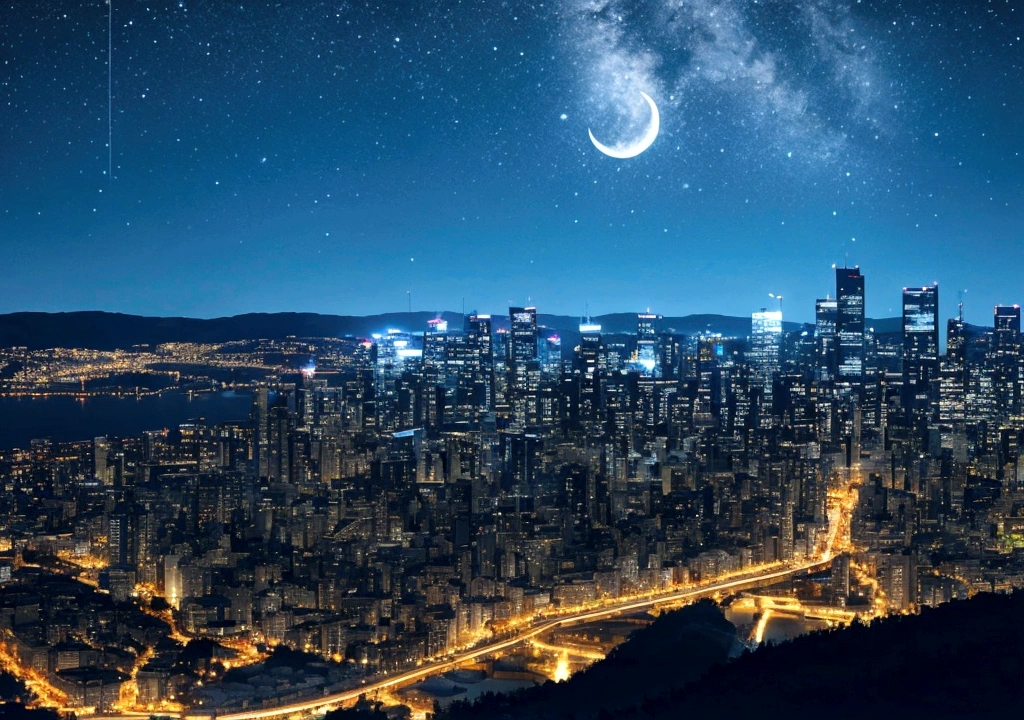 stary night, modern city with tall, bright buildings seen from the tip of a high mountain , waning quarter moon night, HD, detailed picture.