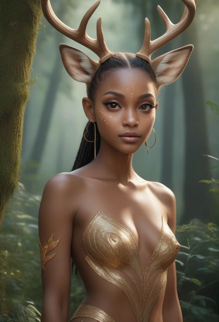 (Masterpiece artwork, high resolution, CGI, detailed: 1.4), portrait of the beings of the enchanted forest, (brown skin with light markings like deer: 1.3), (big sensitive ears: 1.2), (big, golden eyes like a cat&#39;s: 1.3), vertical pupils, (some with intense green or red eyes: 1.2), (hands with three fingers and one thumb, sharp black claws: 1.3), (light bodies, fast and graceful: 1.2), (enchanted forest environment in the background: 1.1), bright leaves and ancient trees, (magical and ethereal atmosphere: 1.3), details Intricate, (naturalistic and fantastic perspective: 1.2)