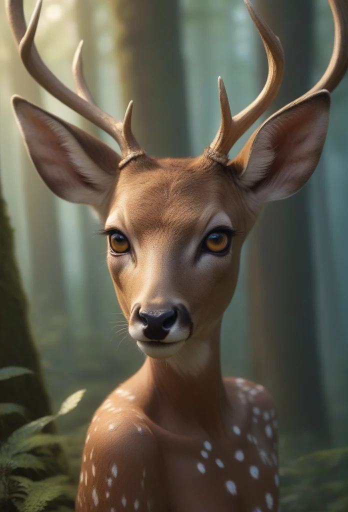 (Masterpiece artwork, high resolution, CGI, detailed: 1.4), portrait of the beings of the enchanted forest, (brown skin with light markings like deer: 1.3), (big sensitive ears: 1.2), (big, golden eyes like a cat's: 1.3), vertical pupils, (some with intense green or red eyes: 1.2), (hands with three fingers and one thumb, sharp black claws: 1.3), (light bodies, fast and graceful: 1.2), (enchanted forest environment in the background: 1.1), bright leaves and ancient trees, (magical and ethereal atmosphere: 1.3), details Intricate, (naturalistic and fantastic perspective: 1.2)