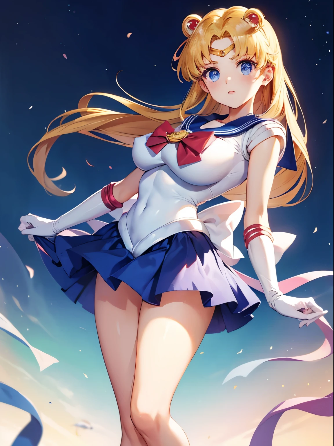 Sailor Moon, 1 girl, blonde hair, long hair, blue eyes, detailed eyes, simple background, female focus, alone, standing, Usagi Tsukino, portrait, full body, (Masterpiece:1.0), (best quality:1.0), (8k wallpaper:1.0), (detailed beautiful face:1.0), (detailed deep eyes), deep eyes, looking at viewer, sailor explorer, red bow on chest, blue skirt, white gloves, big breasts, bare abdomen , pink panties, upskirt panties,