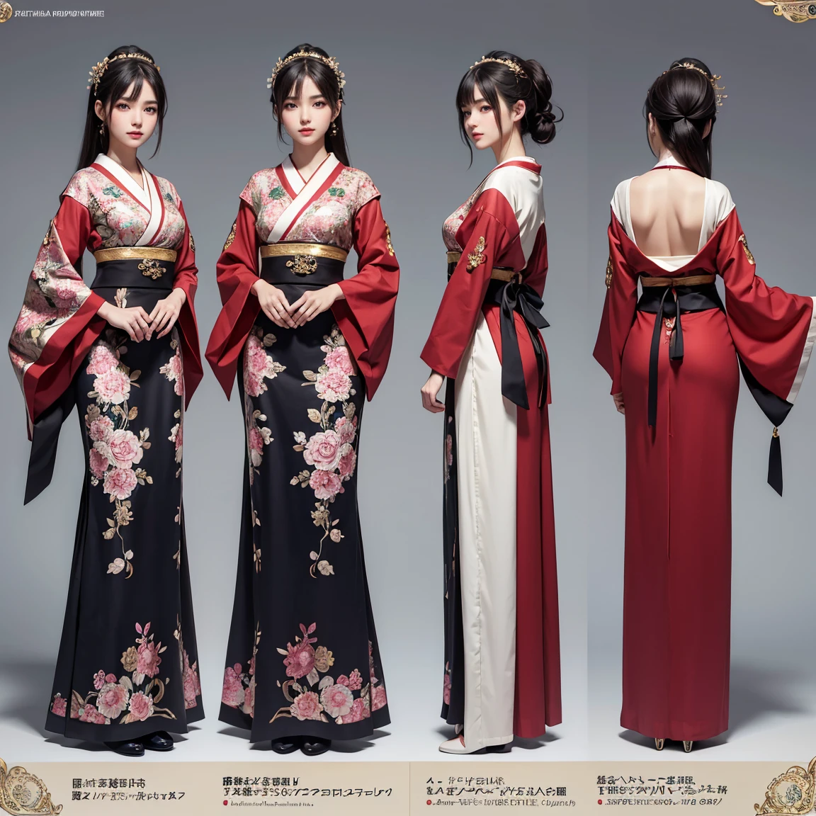 (masterpiece, best quality), ultra detailed, high resolution, 16k, the most beautiful face in the world, perfect face, delicate facial features, highly detailed beautiful face and eyes, shiny skin, highly detailed background, elaborately designed, fine cloth texture, BREAK, (gorgeous and stunning teenage girl in Japanese clothes:1.2), perfect make-up, deeply in love, full of elegance, (full body:1.5), (three view drawing, front and back and side, character sheet:1.3)