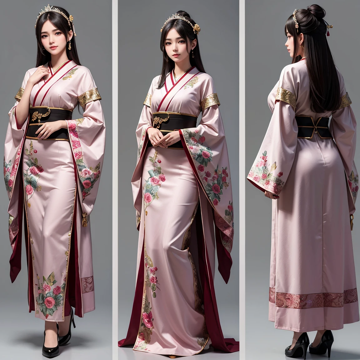 (masterpiece, best quality), ultra detailed, high resolution, 16k, the most beautiful face in the world, perfect face, delicate facial features, highly detailed beautiful face and eyes, shiny skin, highly detailed background, elaborately designed, fine cloth texture, BREAK, (gorgeous and stunning teenage girl in Japanese clothes:1.2), perfect make-up, deeply in love, full of elegance, (full body:1.5), (three view drawing, front and back and side, character sheet:1.3)