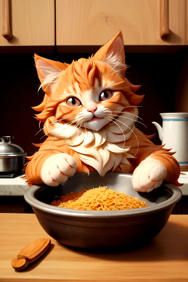 In the kitchen, Oliver, the fluffy cute ginger cat, found his bowl filled with his favorite food. His whiskers twitched with excitement, and his face showed pure joy as he began to eat, savoring each bite with a satisfied purr. (good quality:1.2), (Ultradetailed:1.2), (ultradetailed face:1.2), (ultradetailed body:1.2)