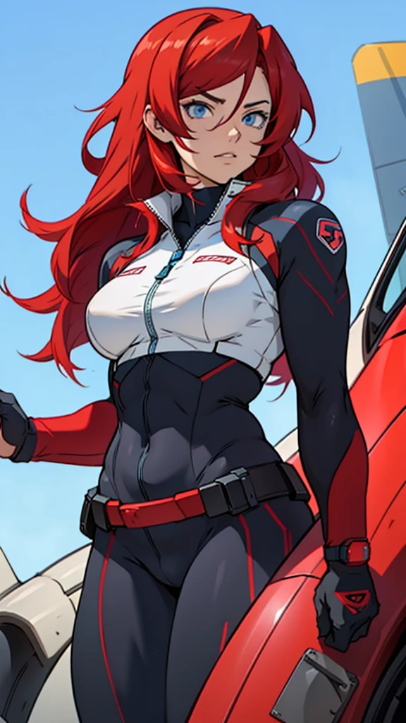 High detailed, Anime, 1 girl, solo, Ruby red colored hair, sidebangs hairstyle, Azure colored eyes, detailed eyes, busty, strong body, pilot suit