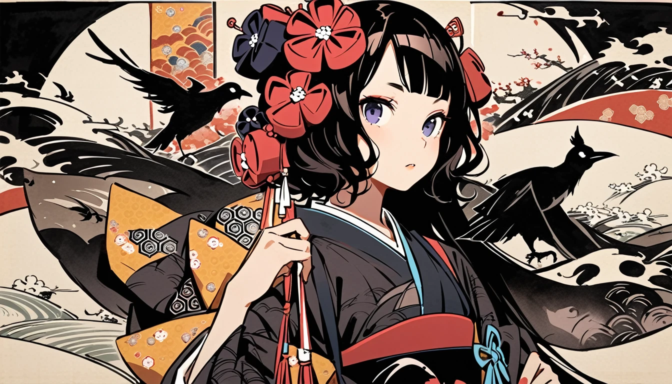 (((Highest quality))), (((Katsushika Hokusai))), (((Ink Painting))), ((very straight longhair)), ((1 girl)), ((Put a crow on your shoulder)), ((beautiful girl)), Japanese style headphones, Black Hair, Delicate and precise, Modern ukiyo-e style