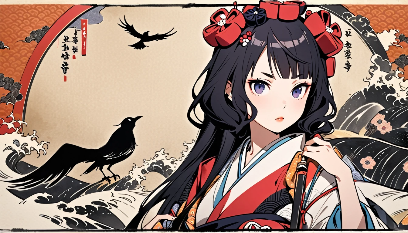 (((Highest quality))), (((Katsushika Hokusai))), (((Ink Painting))), ((very straight longhair)), ((1 girl)), ((Put a crow on your shoulder)), ((beautiful girl)), Japanese style headphones, Black Hair, Delicate and precise, Modern ukiyo-e style