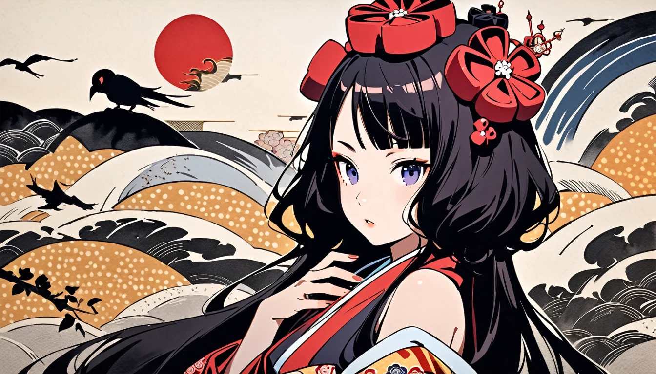 (((Highest quality))), (((Katsushika Hokusai))), (((Ink Painting))), ((very straight longhair)), ((1 girl)), ((Put a crow on your shoulder)), ((beautiful girl)), Japanese style headphones, Black Hair, Delicate and precise, Modern ukiyo-e style