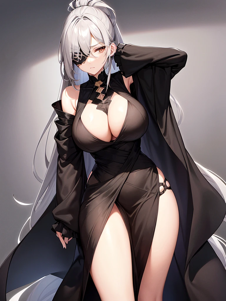 Tall, slim, She has long grey hair tied back in an enormous, messy ponytail that reaches down to her thighs, some of her hair is covering one of her eyes, wearing a black/gold dress with a hexagonal pattern along the bottom, as well as a cloak with the same pattern