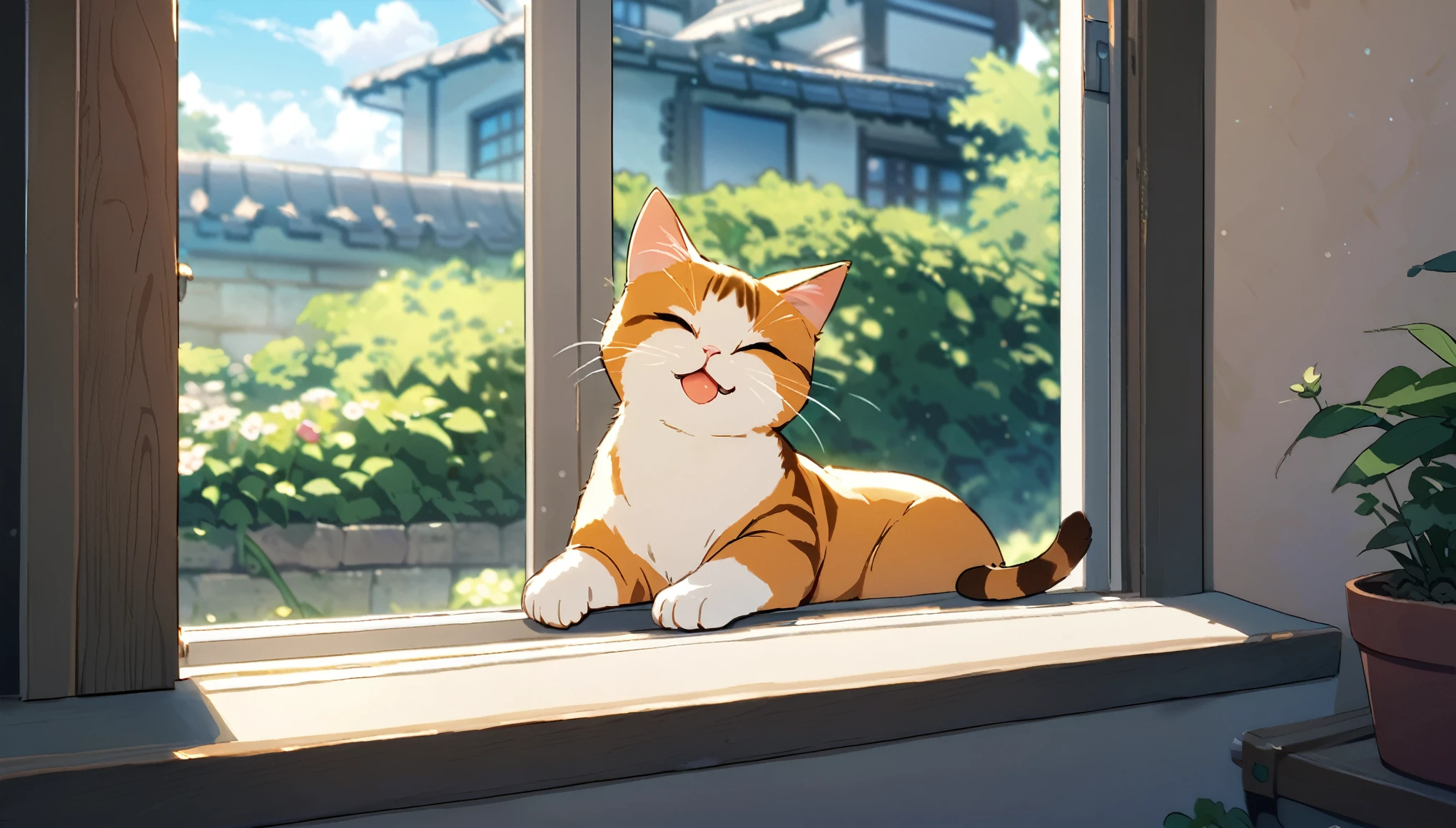 Raising a lazy cat sleeping on a windowsill near the garden on a sunny day