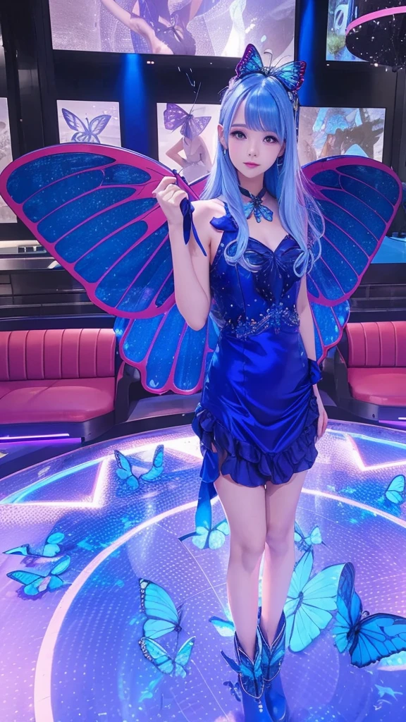 A beautiful girl in full body, with straight blue hair, with short blue party dress, with beautiful blue butterfly wings and blue boots.